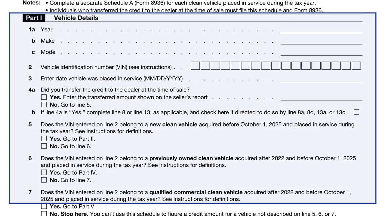 Part I: Vehicle Details on page 1 of Schedule A (Form 8936) 2025: Clean Vehicle Credit Amount, as printed by IRS