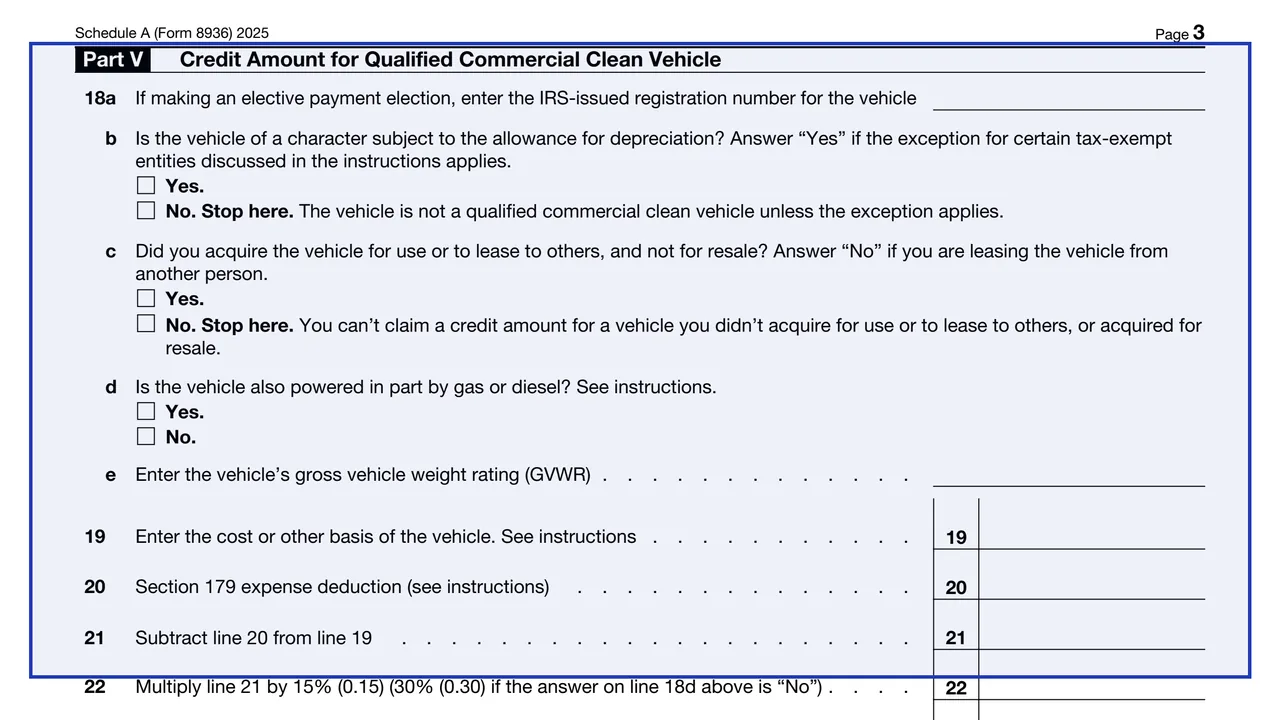 Part V: qualified commercial clean vehicle on page 3 of Schedule A (Form 8936) 2025: Clean Vehicle Credit Amount, as printed by IRS