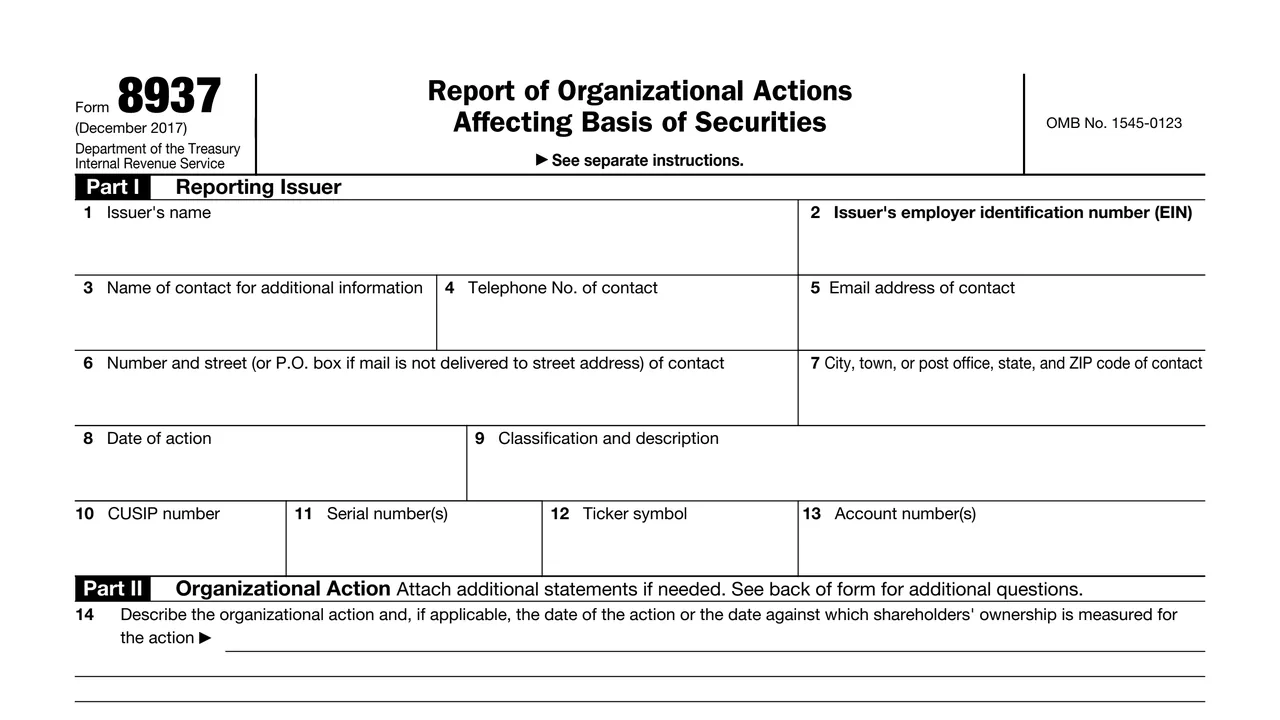 Top of page 1 of Form 8937: Report of Organizational Actions Affecting Basis of Securities, as printed by IRS