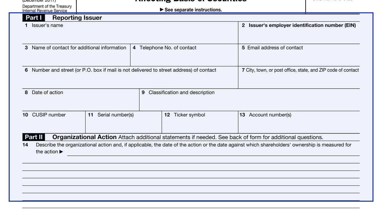 Part I, boxes 1 and 2: issuer on page 1 of Form 8937: Report of Organizational Actions Affecting Basis of Securities, as printed by IRS