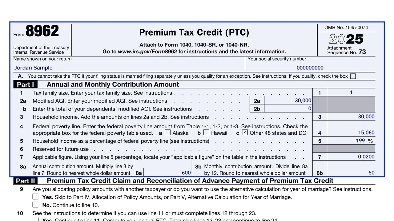 Page 1 of Form 8962, Premium Tax Credit, with Part I beside a Form 1095-A