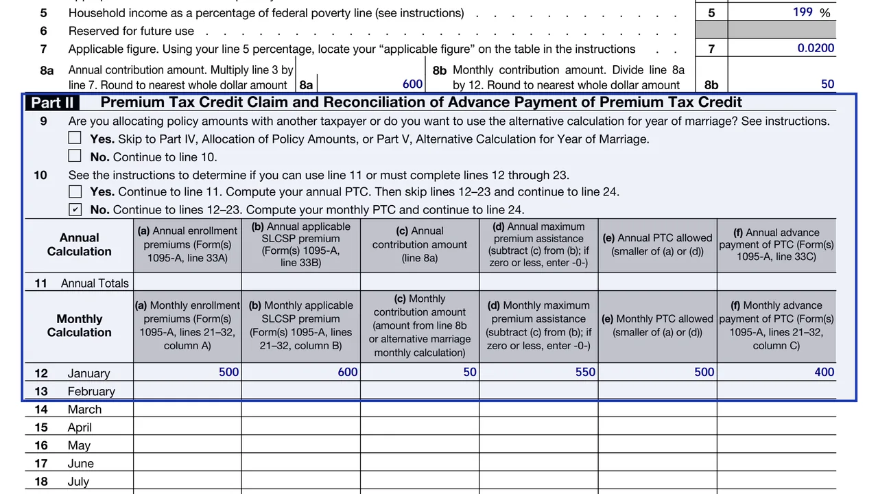 Part II of Form 8962 with line 10, annual line 11 and the monthly columns on lines 12 to 23