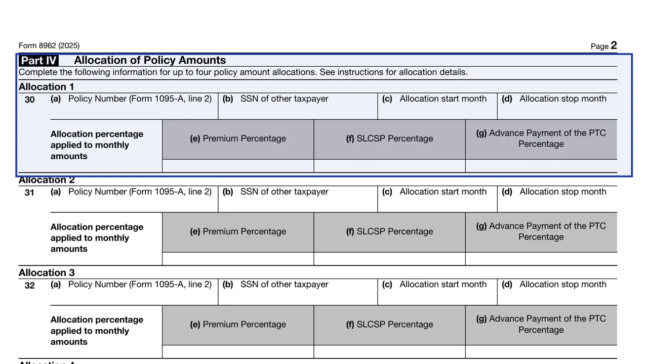 Part IV of Form 8962 for allocating a shared policy between two tax families