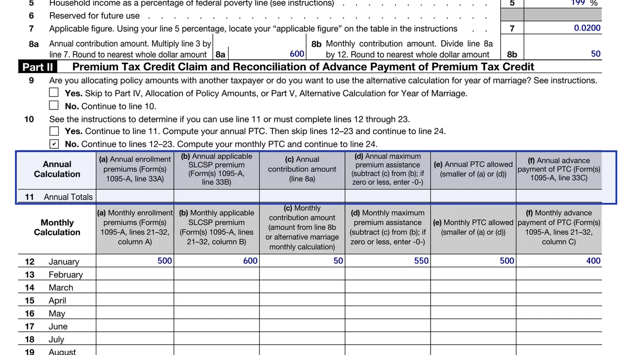 Form 8962 line 11 column headings that take amounts from Form 1095-A lines 33A, 33B and 33C