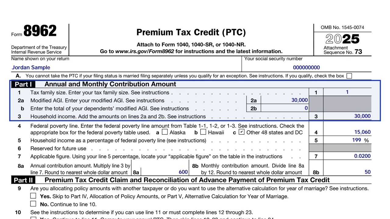 Form 8962 Part I with family size and income entered, sample values