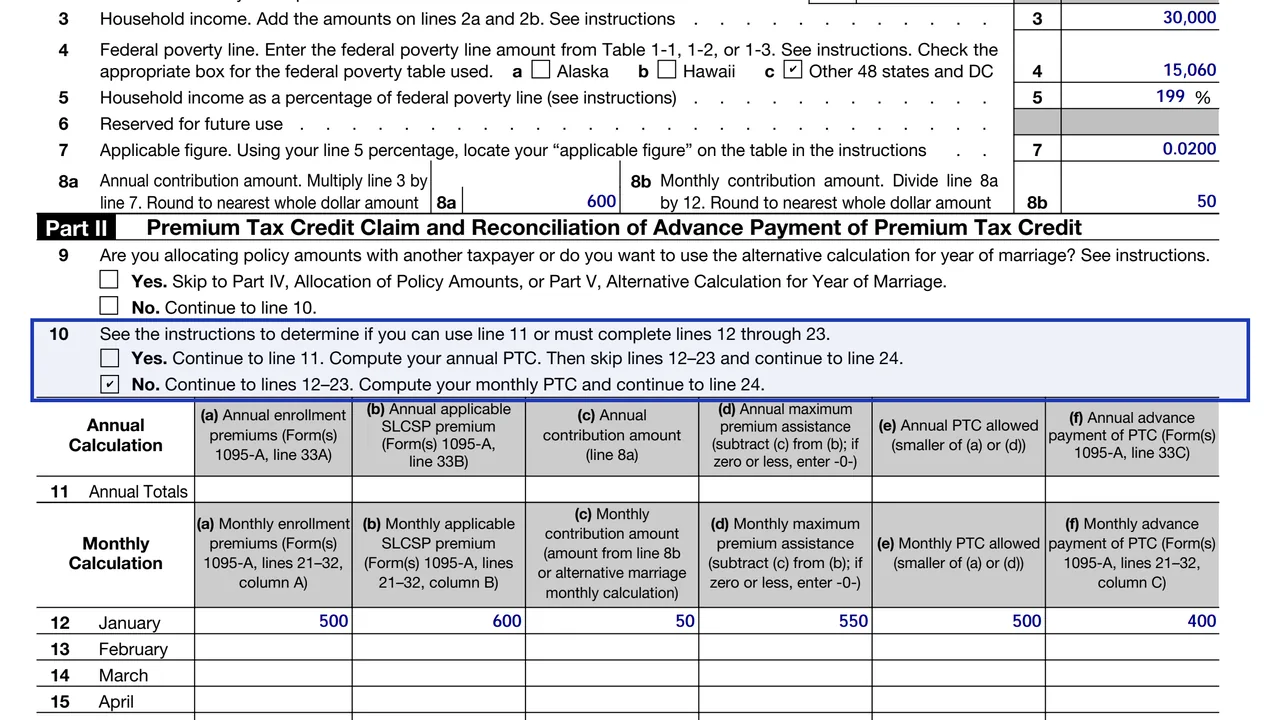 Form 8962 line 10 asking whether to use annual line 11 or monthly lines 12 to 23, with No checked, sample values