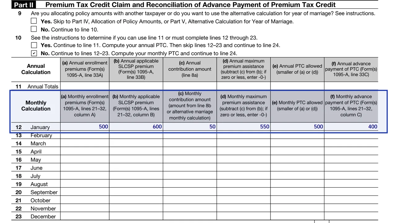 Form 8962 monthly columns (a) to (f) filled for one month, sample values