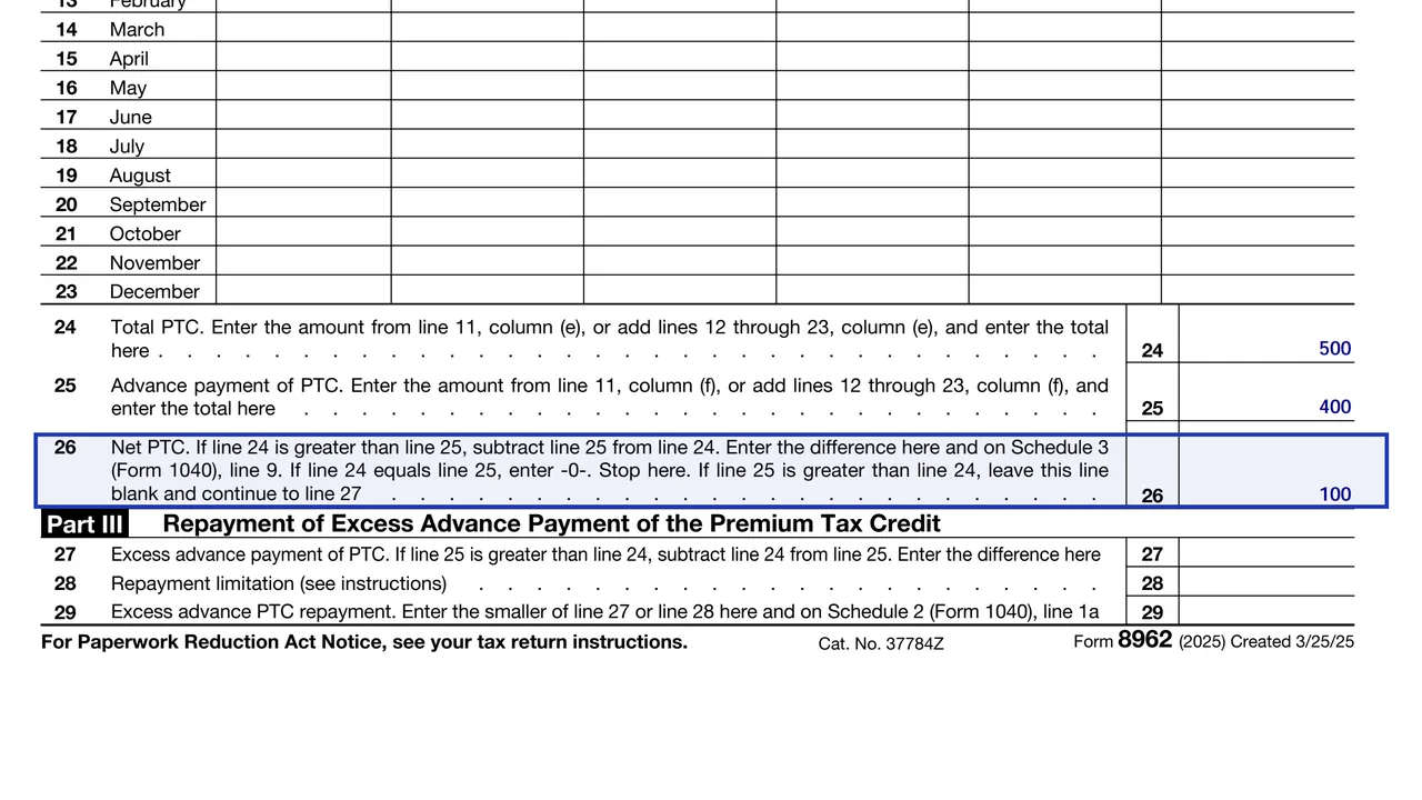 Form 8962 line 26 net premium tax credit that carries to Schedule 3 line 9, sample values