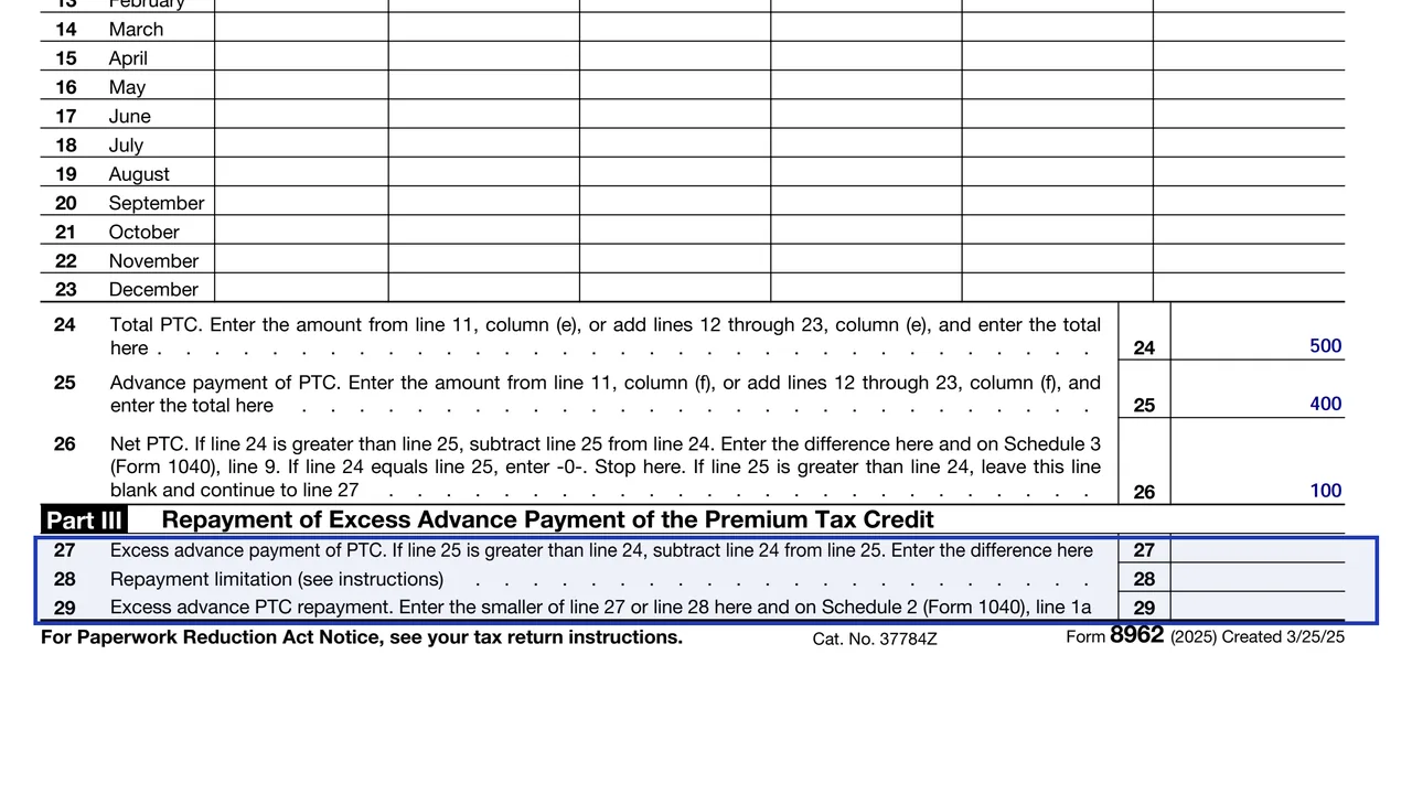 Form 8962 lines 27 to 29 for the excess advance payment, the repayment limitation and the repayment