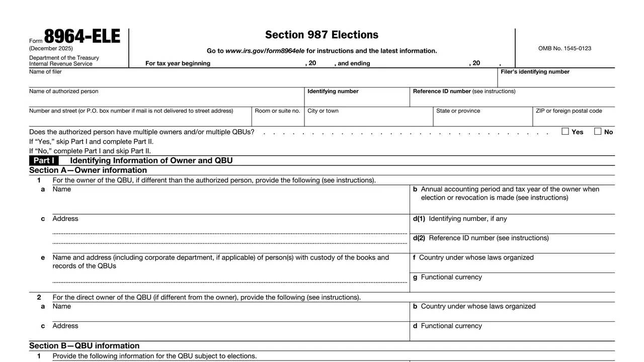 Top of page 1 of Form 8964-ELE: Section 987 Elections, as printed by IRS