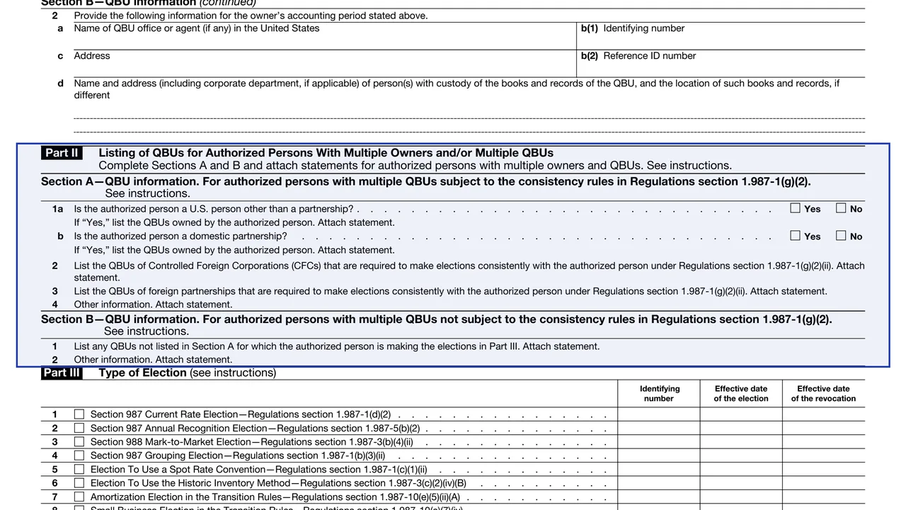 Part II: multiple owners or QBUs on page 2 of Form 8964-ELE: Section 987 Elections, as printed by IRS
