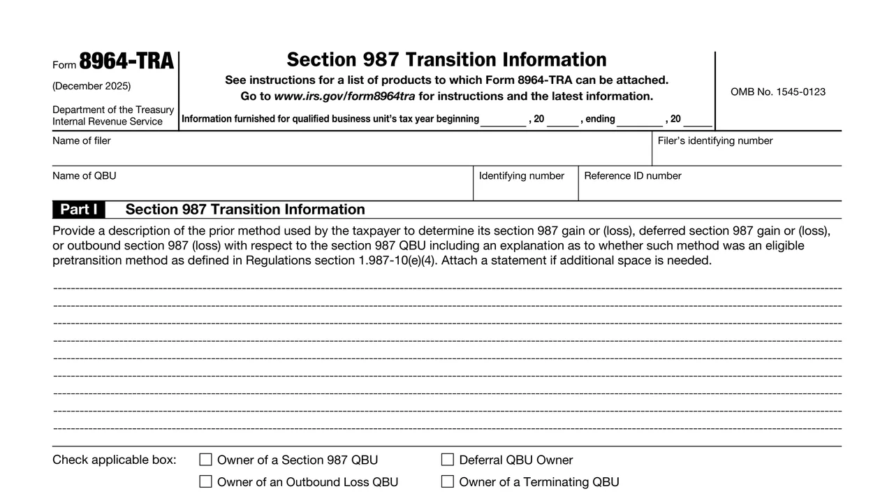 Top of page 1 of Form 8964-TRA: Section 987 Transition Information, as printed by IRS
