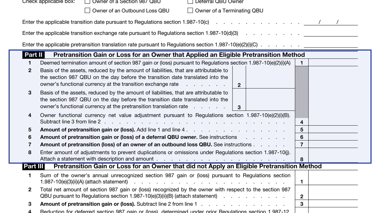 Part II: eligible pretransition method on page 1 of Form 8964-TRA: Section 987 Transition Information, as printed by IRS