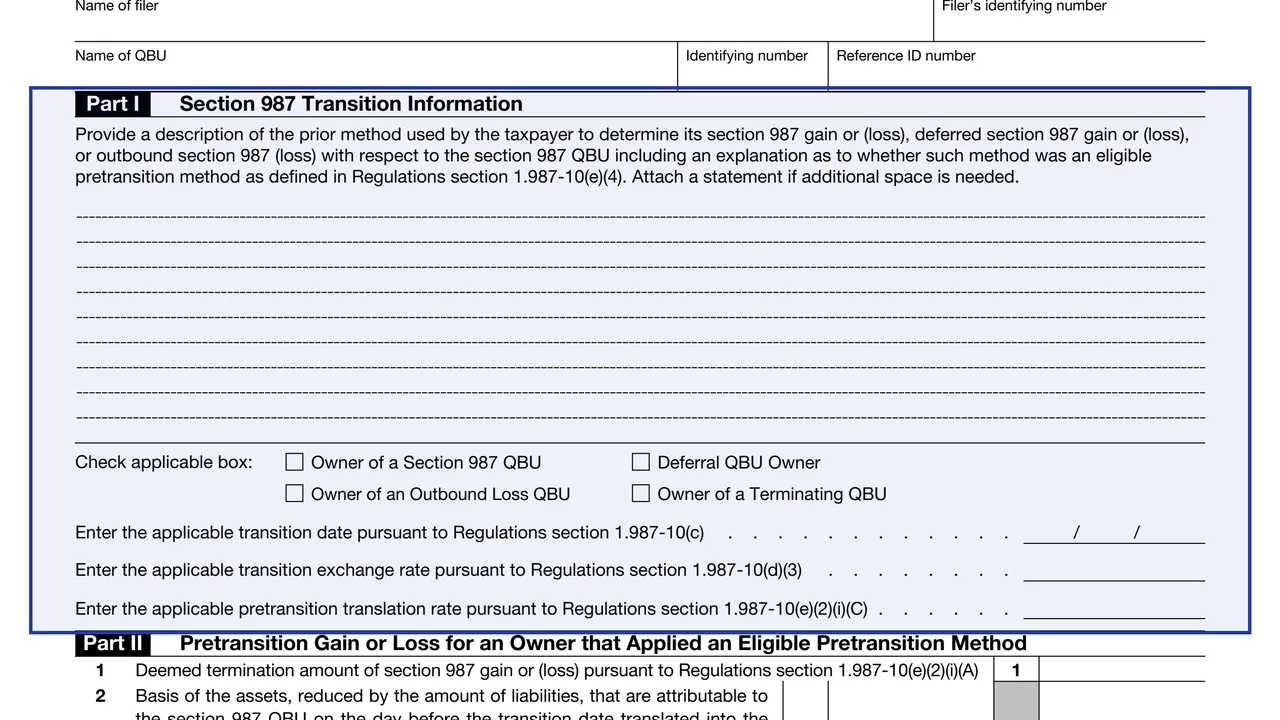 Part I description and box on page 1 of Form 8964-TRA: Section 987 Transition Information, as printed by IRS
