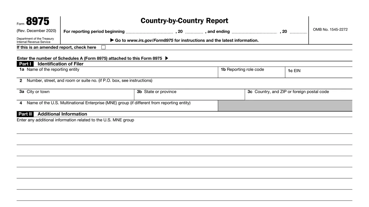 Top of page 1 of Form 8975: Country-by-Country Report, as printed by IRS