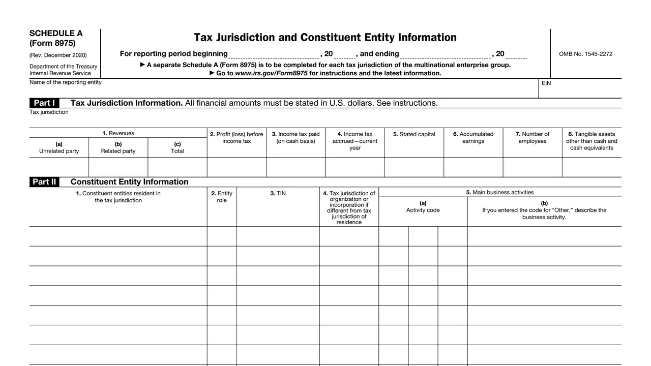 Top of page 1 of Schedule A (Form 8975): Tax Jurisdiction and Constituent Entity Information, as printed by IRS