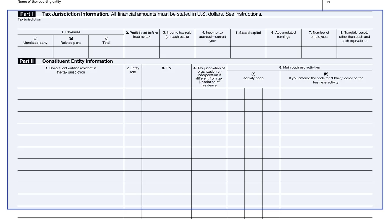 Part I amounts on page 1 of Schedule A (Form 8975): Tax Jurisdiction and Constituent Entity Information, as printed by IRS