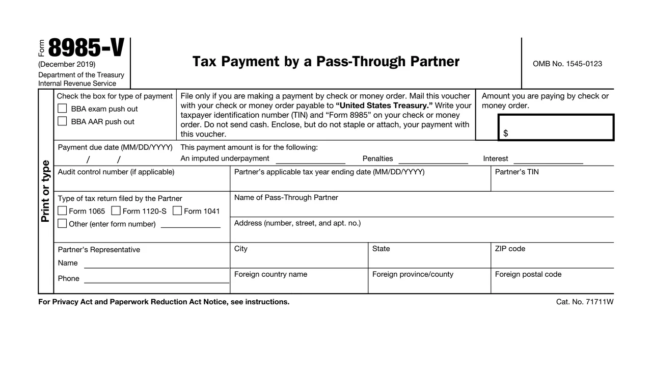Top of page 1 of Form 8985-V: Tax Payment by a Pass-Through Partner, as printed by IRS