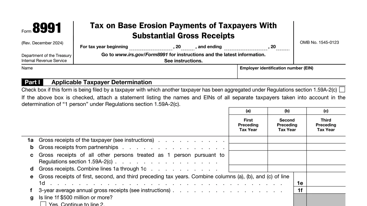 Top of page 1 of Form 8991: Tax on Base Erosion Payments of Taxpayers With Substantial Gross Receipts, as printed by IRS