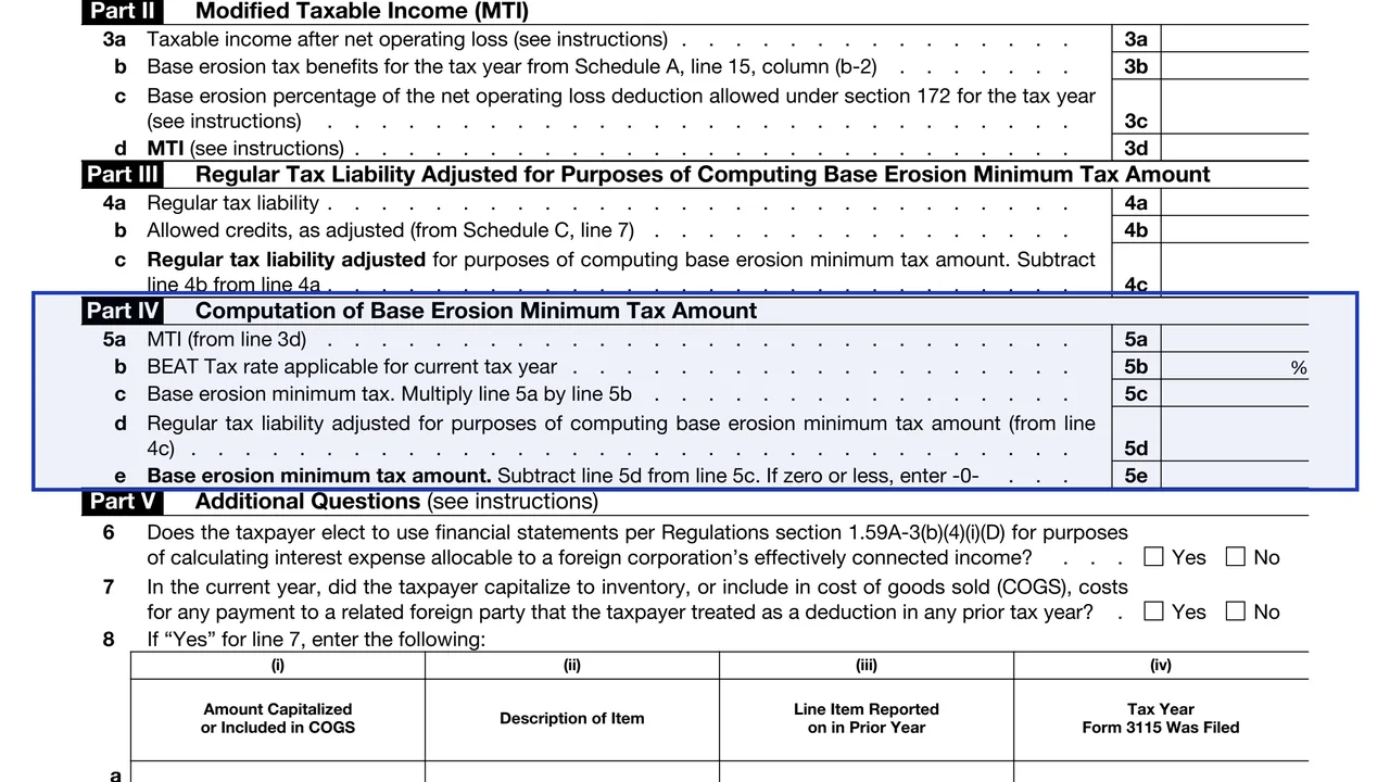 Part IV on page 2 of Form 8991: Tax on Base Erosion Payments of Taxpayers With Substantial Gross Receipts, as printed by IRS