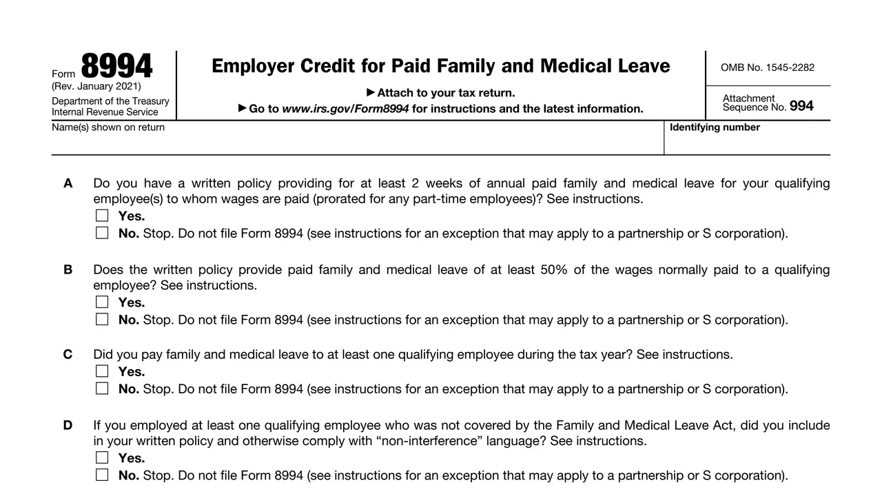 Top of page 1 of Form 8994: Employer Credit for Paid Family and Medical Leave, as printed by IRS