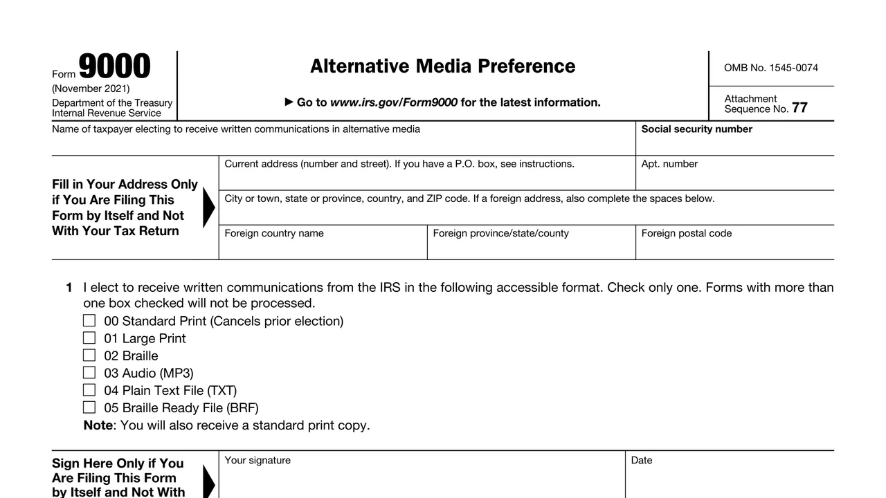 Top of page 1 of Form 9000: Alternative Media Preference, as printed by IRS