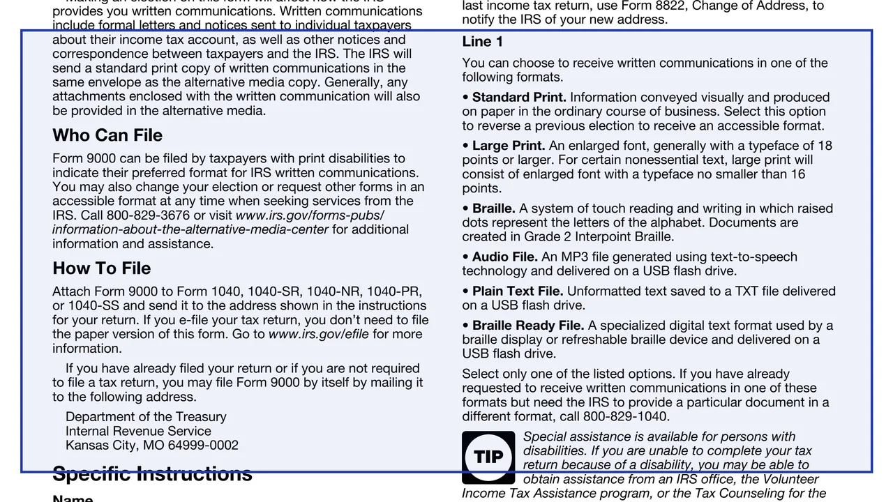 Line 1: accessible format on page 3 of Form 9000: Alternative Media Preference, as printed by IRS