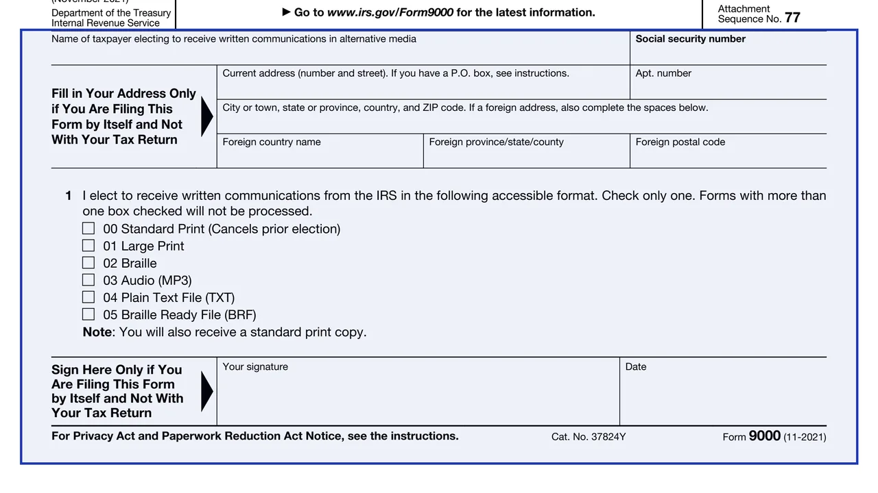 Social security number on page 1 of Form 9000: Alternative Media Preference, as printed by IRS