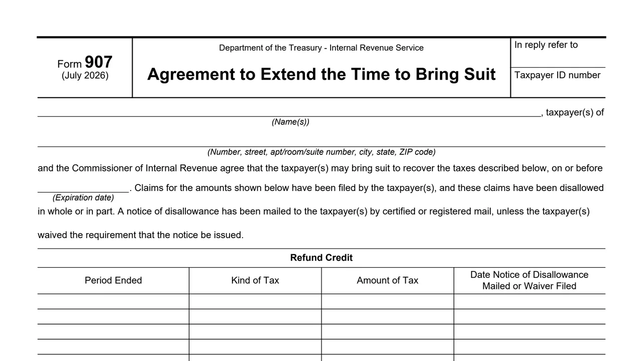 Top of page 1 of Form 907: Agreement to Extend the Time to Bring Suit, as printed by IRS