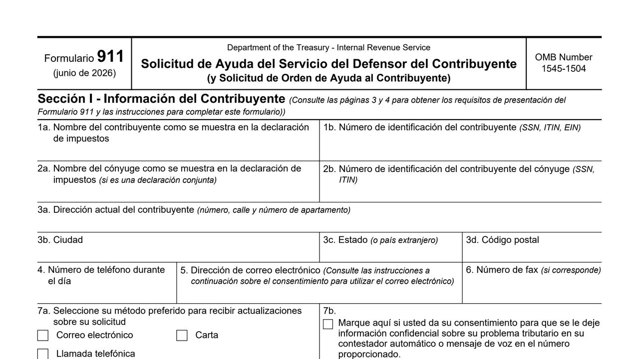 Top of page 1 of Form 911 (sp): Spanish Request for Taxpayer Advocate Service Assistance, as printed by IRS