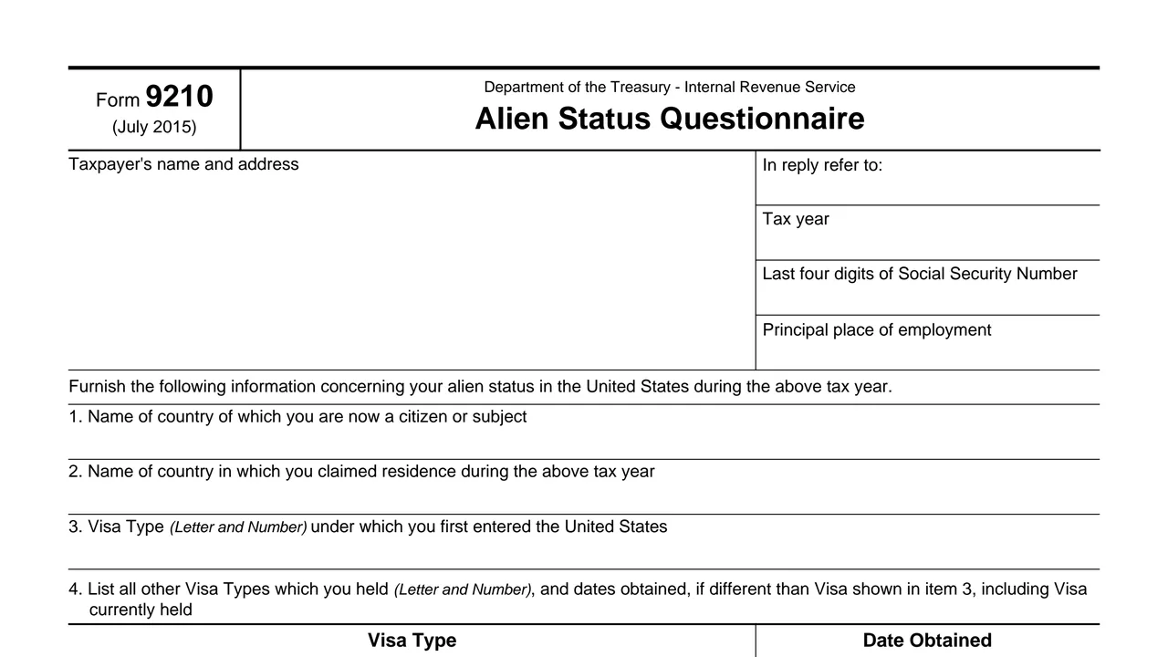Top of page 1 of Form 9210: Alien Status Questionnaire, as printed by IRS
