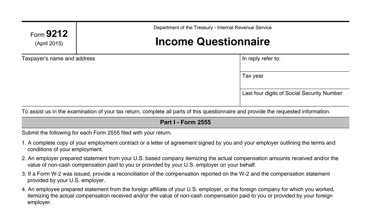 Top of page 1 of Form 9212: Income Questionnaire, as printed by IRS