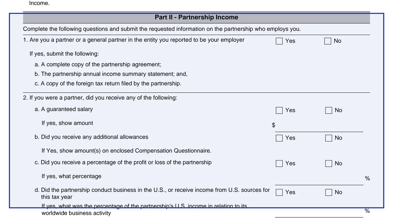 Part II: Partnership Income on page 1 of Form 9212: Income Questionnaire, as printed by IRS