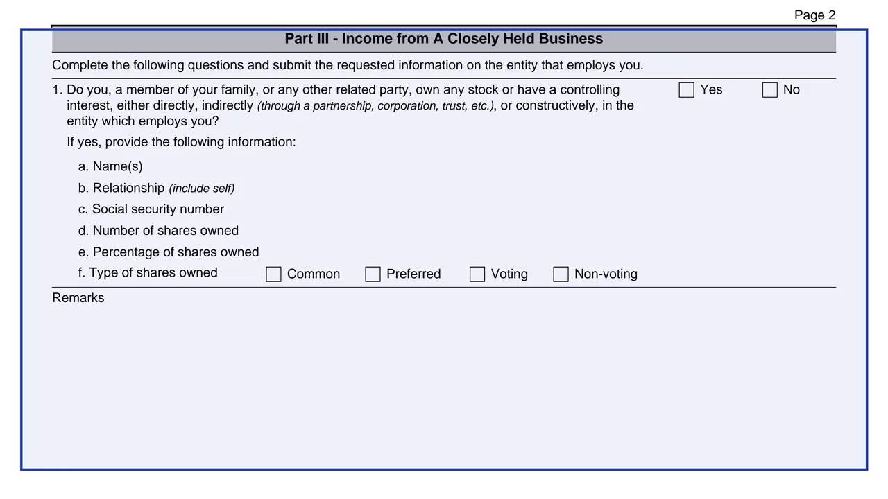 Part III: Income from A Closely Held Business on page 2 of Form 9212: Income Questionnaire, as printed by IRS