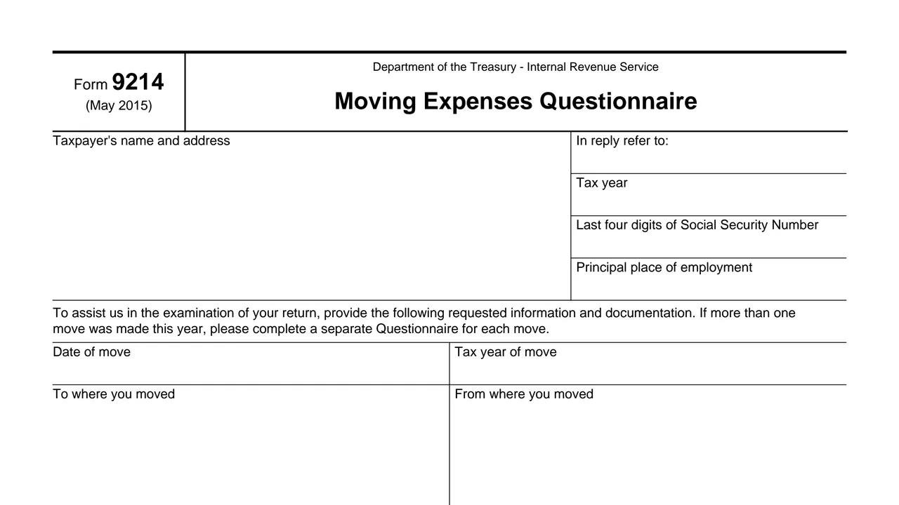 Top of page 1 of Form 9214: Moving Expenses Questionnaire, as printed by IRS