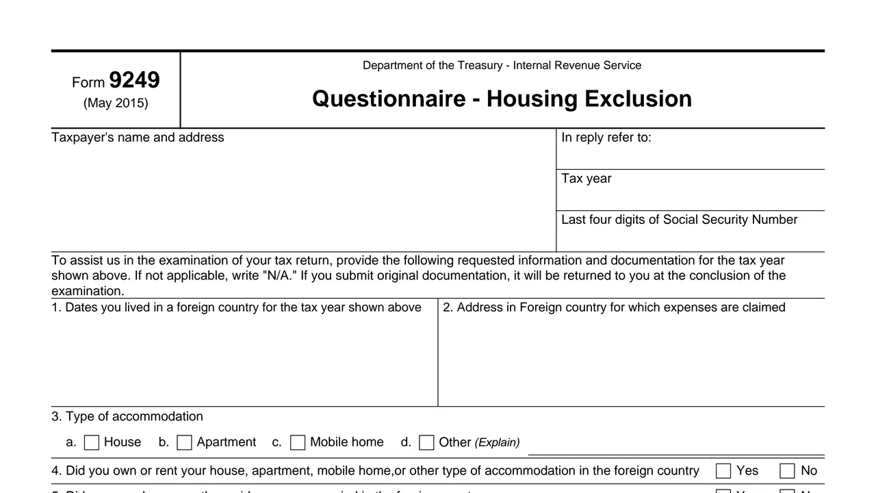 Top of page 1 of Form 9249: Questionnaire - Housing Exclusion, as printed by IRS