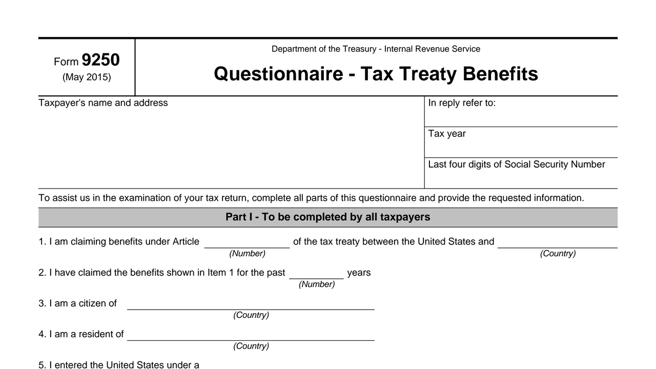 Top of page 1 of Form 9250: Questionnaire - Tax Treaty Benefits, as printed by IRS