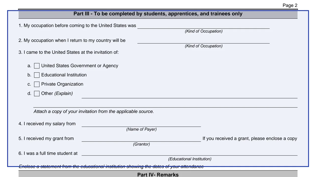 Part III: students, apprentices and trainees on page 2 of Form 9250: Questionnaire - Tax Treaty Benefits, as printed by IRS
