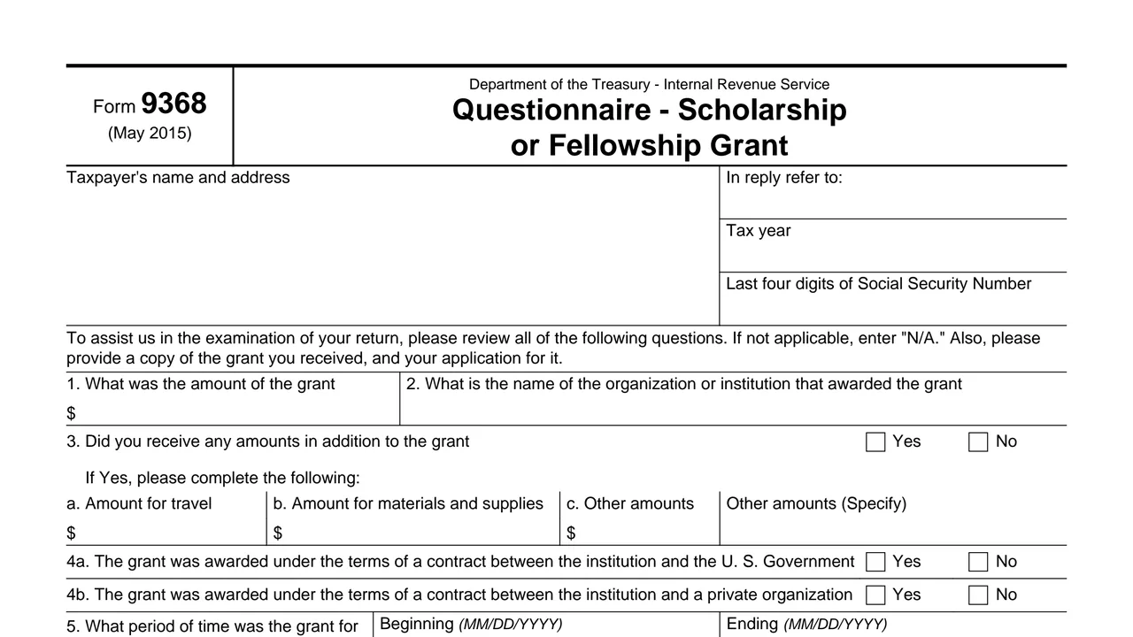 Top of page 1 of Form 9368: Questionnaire - Scholarship or Fellowship Grant, as printed by IRS