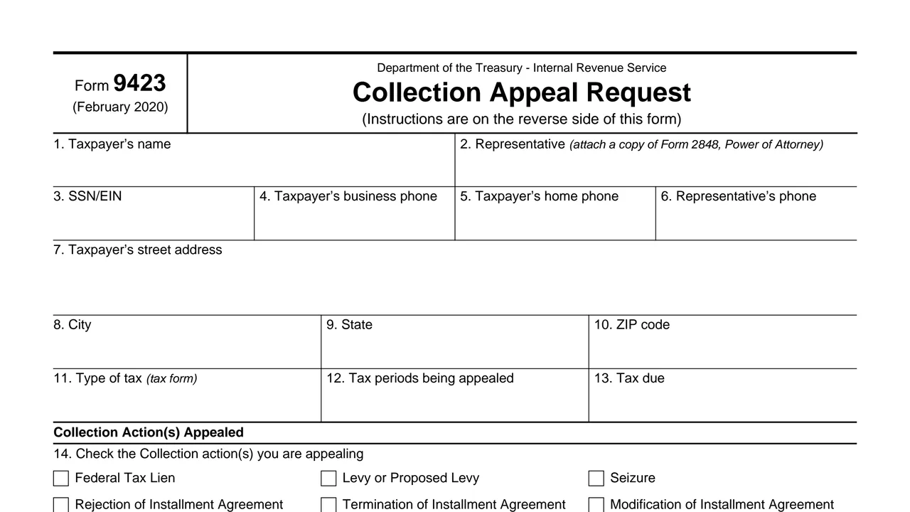 Top of page 1 of Form 9423: Collection Appeal Request, as printed by IRS