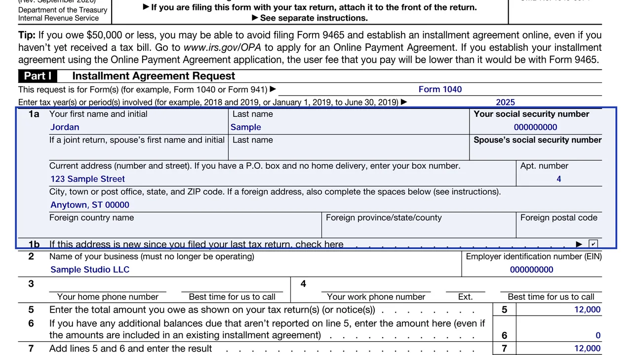 Lines 1a and 1b of Form 9465 with address and new-address checkbox