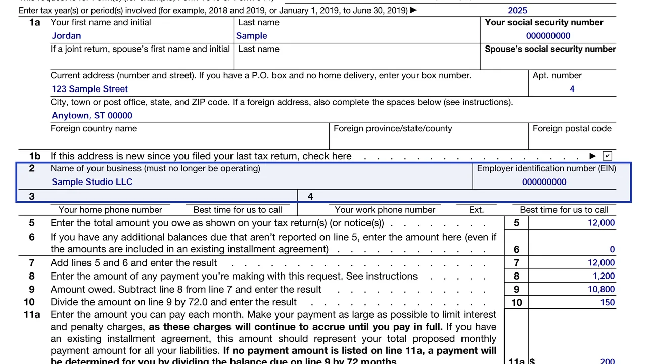 Line 2 of Form 9465 for business name and EIN of a closed business