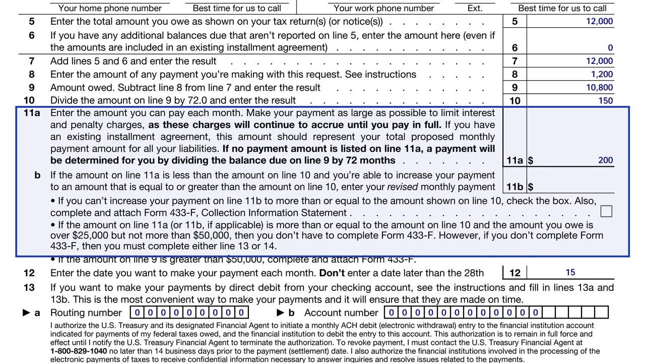 Lines 11a and 11b of Form 9465 for the proposed monthly payment with a Form 433-F reminder