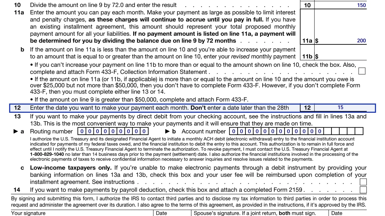 Line 12 of Form 9465 for the payment due day, 1st to 28th