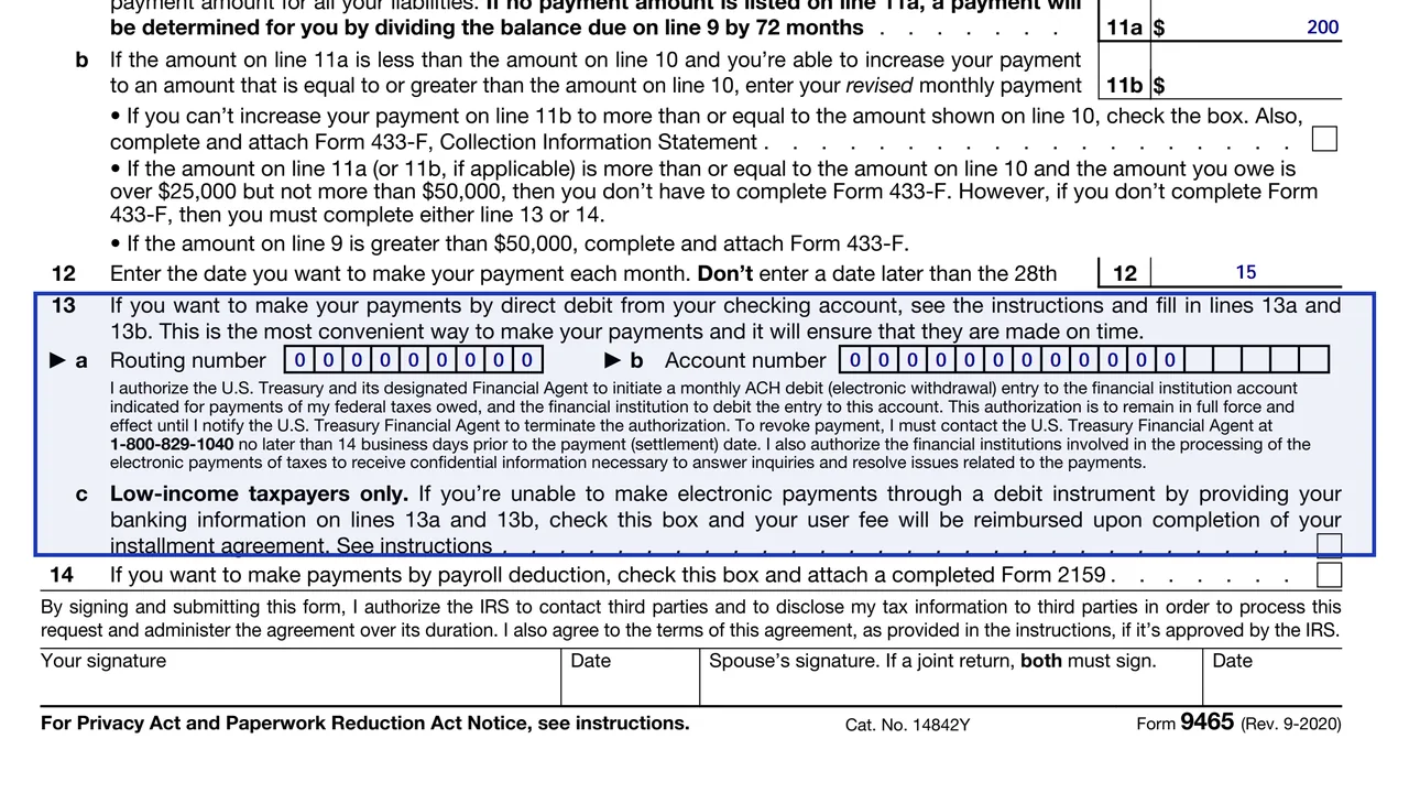 Lines 13a to 13c of Form 9465 for direct debit routing and account numbers and the low-income checkbox
