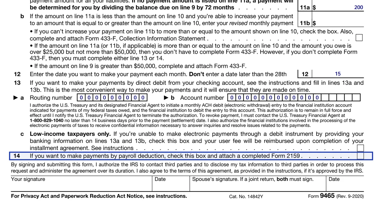 Line 14 of Form 9465 for payroll deduction with Form 2159 attached