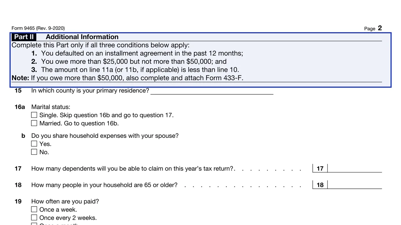 Part II of Form 9465 required after a default for balances between $25,000 and $50,000