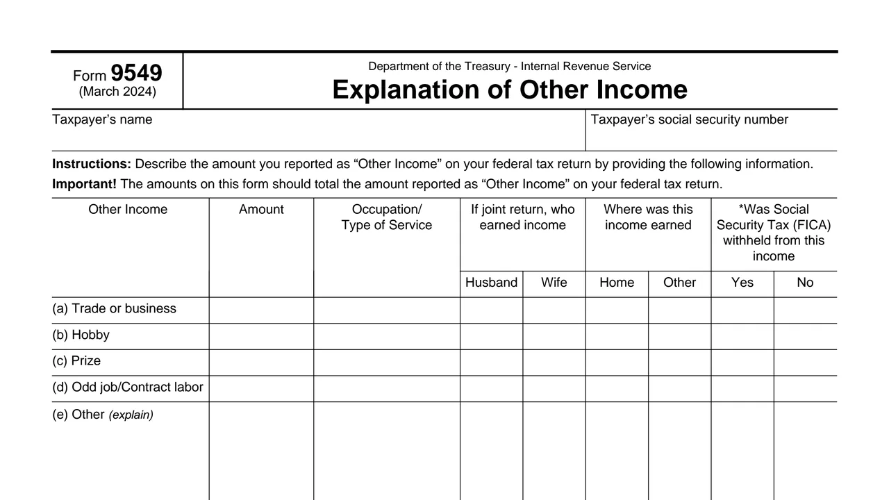 Top of page 1 of Form 9549: Explanation of Other Income, as printed by IRS