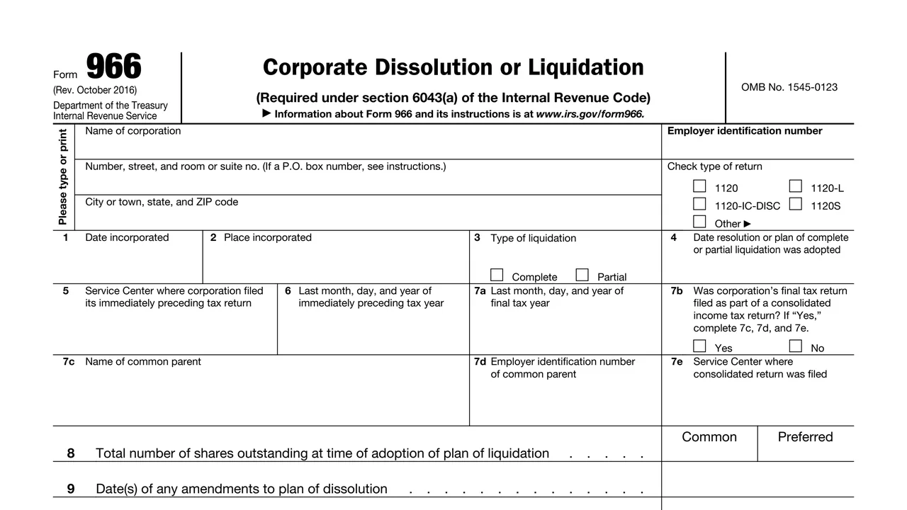 Top of page 1 of Form 966: Corporate Dissolution or Liquidation, as printed by IRS