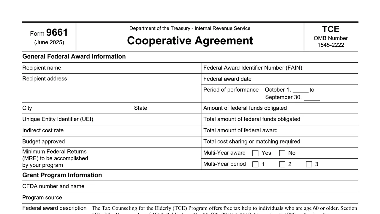 Top of page 1 of Form 9661: Cooperative Agreement (TCE), as printed by IRS